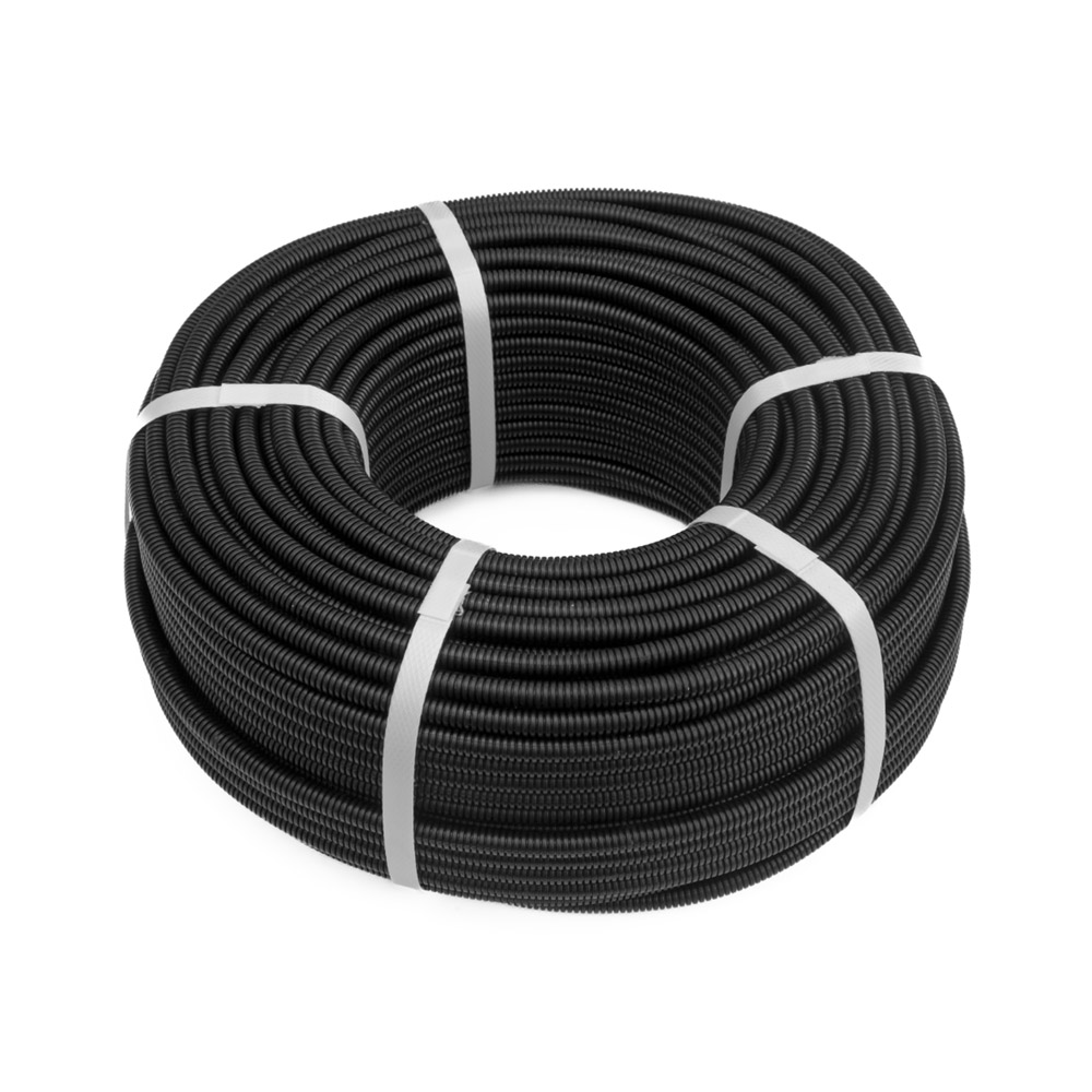 Труба гофрированная ПП лёгкая безгалогенная (HF) разрезная чёрная dвн 7,0 мм, dнар 10,0 мм (100м/уп) Промрукав