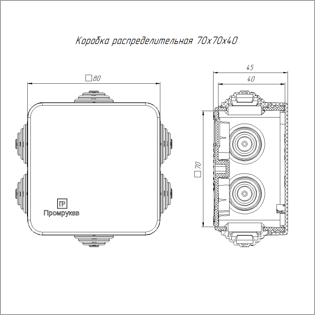 Коробка уравнивания потенциалов (КУП) 40-0200-У для открытой установки 70х70х40 (132шт/кор) Промрукав