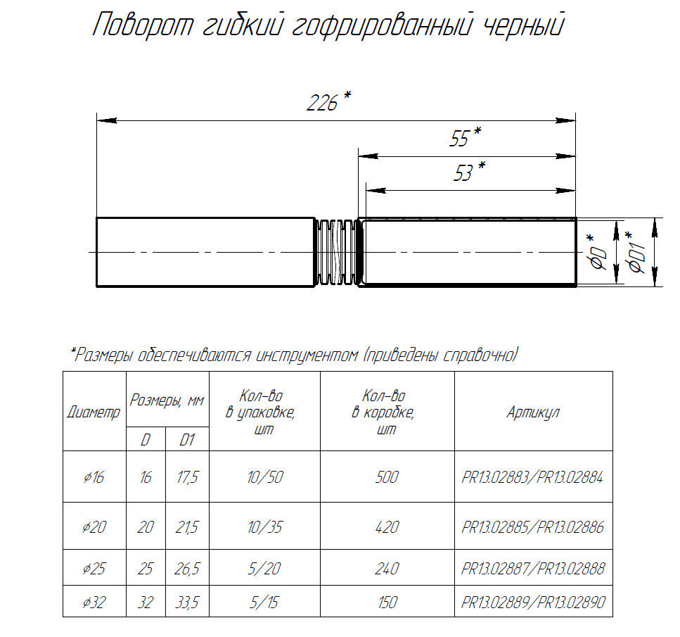 Поворот гибкий гофрированный чёрный d32 мм (5шт/150шт уп/кор) Промрукав