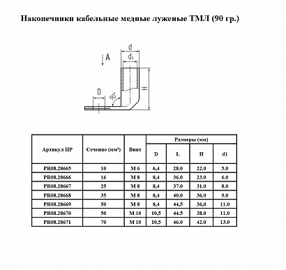 Наконечник медный луженый 90 градусов (ТМЛ) 35-8-9 (50 шт/уп) Промрукав